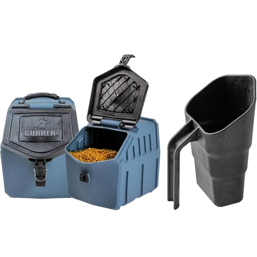 GUNNER 30 lbs Dog Food Storage Container with Measuring Scoop – Waterproof & Airtight Pet Food Bin for Dry Feed, Corn, Chicken Feed, Bird Seed, Treats & More – Ergonomic 3 Cup Scooper with Markers