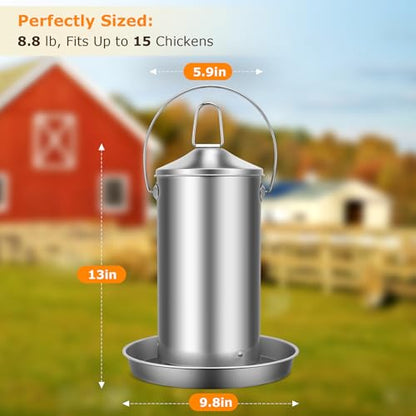 Chicken Feeder - 304 Stainless Steel 8.8 lb Rust-Proof No Waste Poultry Feeder for Outdoor Coops, Chickens, Ducks & Small Farms