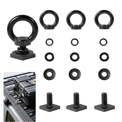 4PCS M8 T Track Tie Down Anchor Kit, 304 Stainless Steel Heavy Duty T Slot Eye Bolt with Nuts Washer, Black Ring Tie Down Rings for Roof Rack Kayak Truck Bed Bungee Cord Rope Cargo Accessories