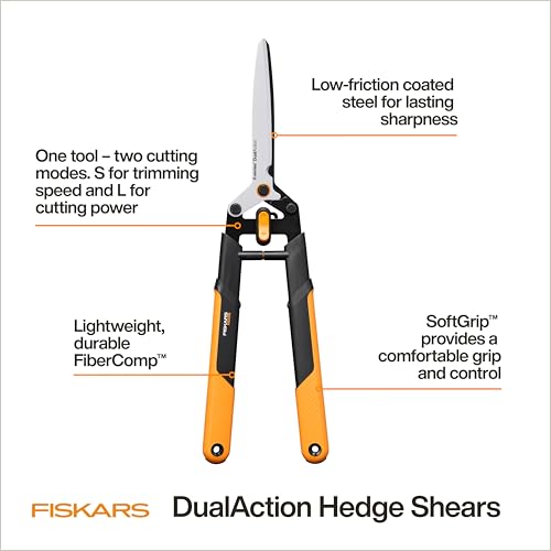 Fiskars 25" DualAction Hedge Shears, 2-in-1 Fast or Powerful Trimming | Cuts Through Thin & Thick Branches of Hedges & Shrubs, Low Friction Coated Blades for Smoother Cuts, SoftGrip Handles - style: 25" 2-in-1