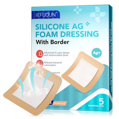Silicone Foam Dressing Ag Sterile Wound Bandage with Waterproof Gentle Silicone Adhesive Border (5 Packs), 4"x 4" Breathable Ultra Absorbent Pads (4x4 Inch (Pack of 5)) - size: 4x4 Inch (Pack of 5)