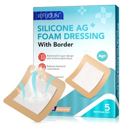 Silicone Foam Dressing Ag Sterile Wound Bandage with Waterproof Gentle Silicone Adhesive Border (5 Packs), 4"x 4" Breathable Ultra Absorbent Pads (4x4 Inch (Pack of 5)) - size: 4x4 Inch (Pack of 5)