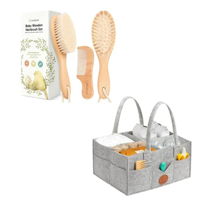 Keababies Baby Hair Brush and Comb Set with Wooden Brush - Soft Goat Bristles, Large Diaper Caddy Organizer for Car Storage