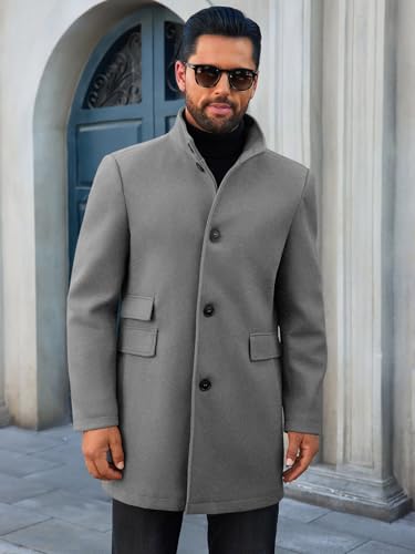 Runcati Mens Pea Coat Single Breasted Mid Long Trench Coat Overcoat | Slim Fit, Stand Collar, Fall Winter, Jacket, Pocket, Warm, Casual, Dress, Business, Christmas Gift - color: Gray, size: Large