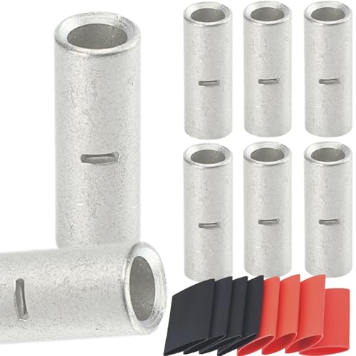 SVAAR 8 PCS 2 Gauge Non Insulated Butt Connectors 2 AWG Uninsulated Butt Splice Connectors Crimp Repair Butt Splices Kit Tinned Copper Seamless Barrel Butt Splice Terminals & 8 PCS 3:1 Heat Shrinks - size: 2 AWG