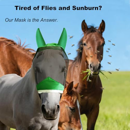 Fly Masks for Horses with Ears and NO Nose Cover - Comfortable Horse Fly mask with Ears for UV Protection & Sun Shield – Soft Lightweight- Breathable Horse mask (Green, (Full) Large)NO nose - style: No nose