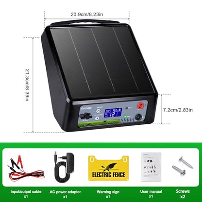 20 Miles Solar Electric Fence Charger, Adjustable 6/8/10/12KV & 0.3J-2J Pulse Energy, AC & Solar Power Electric Fence Charger for Garden Farm Pasture Livestock Predator Protection