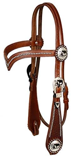 Showman Silver Beaded V Brow Leather Headstall w/Reins