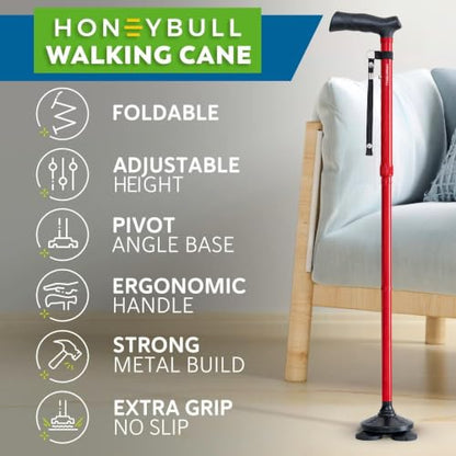 HONEYBULL Walking Cane for Men & Women, Foldable Free Standing Cane | Adjustable Height, Collapsible Design, Heavy-Duty, Pivot Base for Stable Support, Ergonomic Handle - color: Red