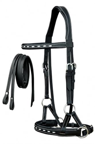 CHALLENGER Leather Turquoise BuckStitch Bitless Sidepull Bridle Reins 7714 - color: Black/White, size: Full Size