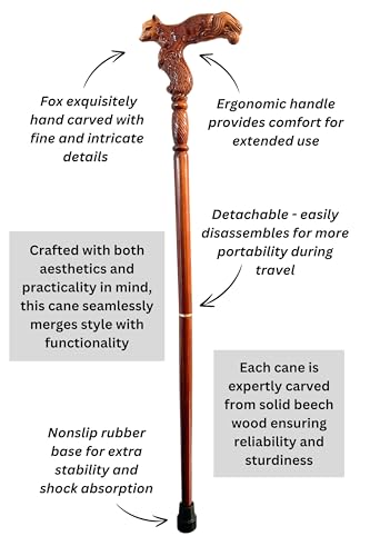 Hand Carved Wooden Walking Cane with Ergonomic Handle and Rubber Tip for Men and Women - Fashionable Unique Walking Stick for Seniors - 37 inch - style: Fox