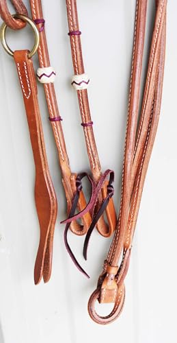 CHALLENGER USA Horse Western Tack Leather Rawhide Romal Reins 66RT36 - color: Tan/Purple