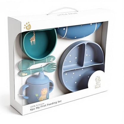 Little Rawr Baby Led Weaning Bundle, 100% Silicone Baby Feeding Set Includes Divided Plate, Suction Bowl, Straw Cup, Bib, Spoon & Fork, Develops Self Feeding Skills, Dishwasher Safe (Blue) - color: Blue