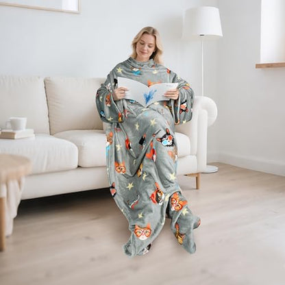 Catalonia Wearable Blanket with Sleeves & Foot Pocket for Adults - color: 80's Cat Dog Gray, size: Fleece