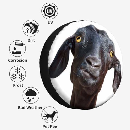 Black Goat Spare Tire Cover Cute Funny Goat Portrait with Humorous Face and Yellow Eyes Polyester Universal Wheel Tire Cover for Trailer Camping Weatherproof for Rv SUV Truck Camper Travel 17 inch - size: 17 inch