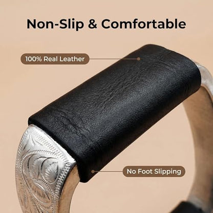 Western Horse Stirrups Heavy Duty Cast Aluminum 4.9" Hand Engraved Polished Real Leather Tread for Equestrian Riding, Brown/Black - color: Black
