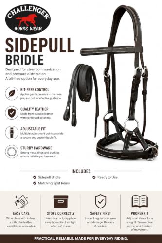 CHALLENGER Western English Leather Bitless Sidepull Bridle Reins 7713 - color: Brown, size: Cob Size