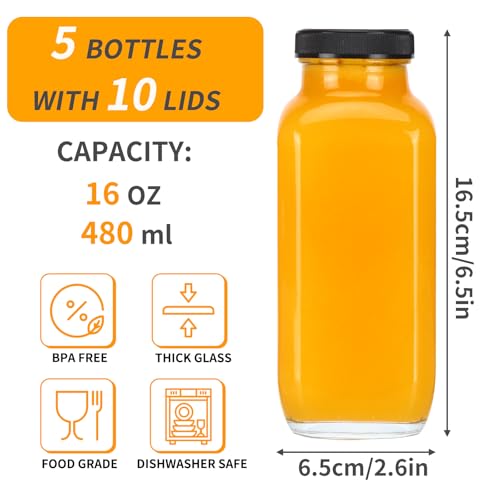CUCUMI 5pcs 16oz Glass Juice Bottles with Lids | Reusable Juice Containers Drinking Jars Water Cups with Brush, Glass Straws, Lids with Hole - color: 5pcs-16oz