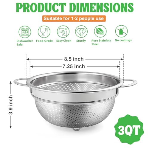 P&P CHEF 3 Quart Colander Strainer Stainless Steel Kitchen, 1PC