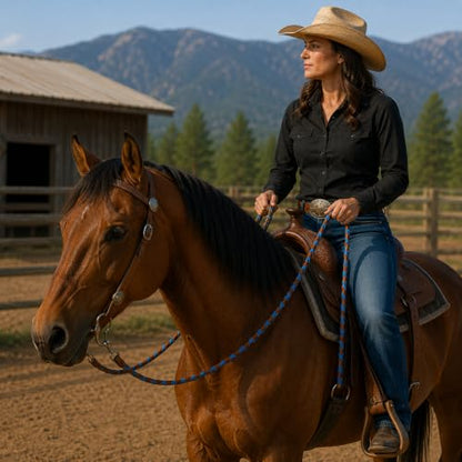 CHALLENGER 8' Horse Western Leather Latigo Laced Barrel Contest Reins 66RT10 - color: Tan Royal Blue