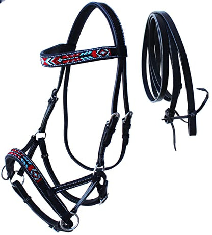 Horse Brown Leather Beaded Bitless Padded Sidepull Bridle w/ Reins 77RS17 - color: Black/Beaded