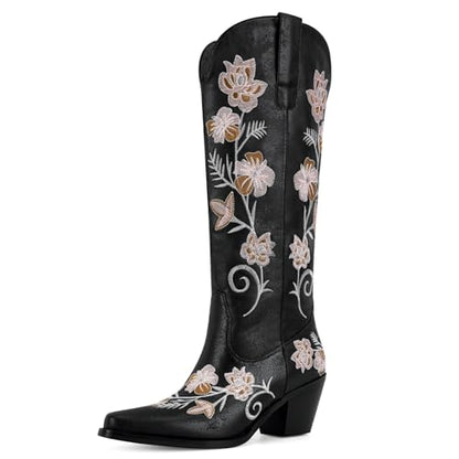 Knee High Cowboy Boots for Women Tall Cowgirl Western Boots - color: Black C, size: 7