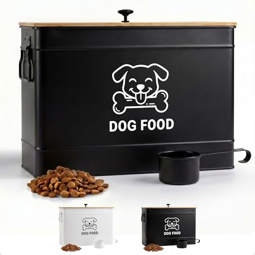 Metal Dog Food Container 15-20 lbs w/ Airtight Bamboo Lid, 70 Cup Capacity - color: Black