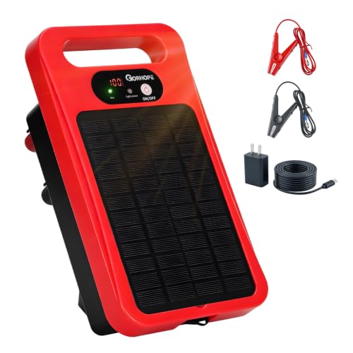 0.32J Solar Electric Fence Charger with Panel for Livestock, 20-Mile Red - color: Red