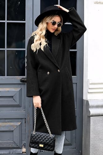 SAUKOLE Womens Winter Pea Coat Notch Lapel Double Breasted Wool Blend Oversized Overcoat with Pockets - color: 12#black, size: Medium