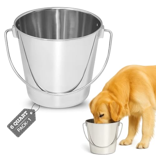 6 quart Heavy Duty Stainless Steel Round Bucket with Handle | 1.5 gal Sturdy Food & Water Bowl for XL Dogs Cats Goat sheep & Livestock | Fits kennel Crate Cage Farm | Hanging Utility Pail - size: 6 Quarts
