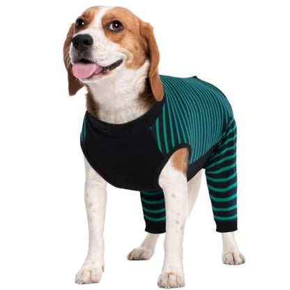 Kuoser Dog Recovery Suit with Anti Licking Rear Leg Sleeve, Green M - color: Green Strips, size: Medium (Back Length: 34cm / 13.38")