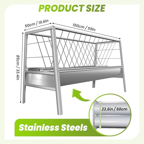 85 Gallon Stainless Steel Hay Feeder for Livestock, 2-in-1 Rust-Proof Goat & Sheep Trough with Rack, Heavy Duty Farm Feeder, Reduces Waste & Mess