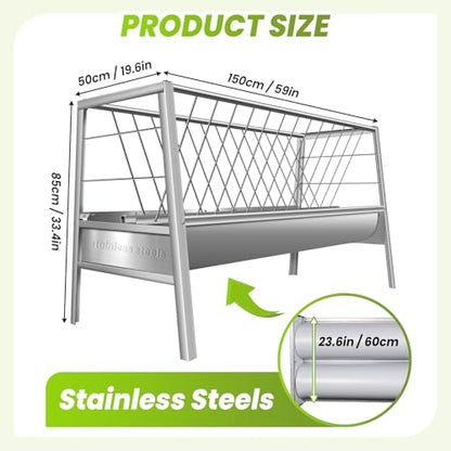 2-in-1 Livestock Hay Feeder 85 Gallon, Heavy Duty Stainless Steel Trough and Rack Combo, 5 Ft Freestanding Goat & Sheep Feeder for Barn and Pasture, Rust Resistant