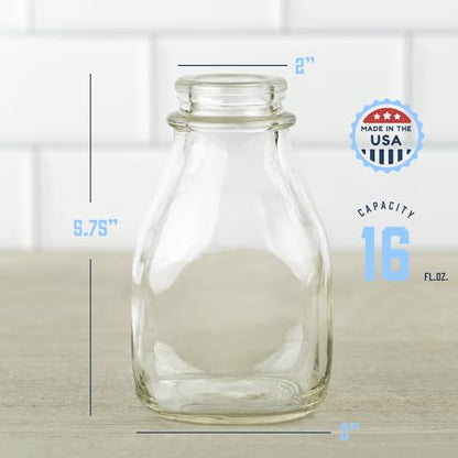 kitchentoolz 16 Oz Glass Milk Bottles with Lids (4 Pack) – Reusable Glass Creamer and Juice Bottles – Includes 8 Tamper-Proof Airtight Caps and One Silicone Pour Spout - size: 16 Ounce