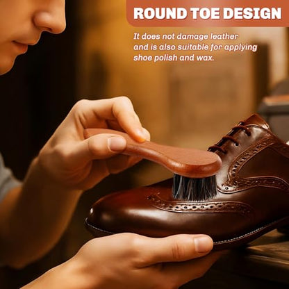 4 Pcs Horsehair Shine Shoes Brush Kit Polish Dauber Applicators Cleaning Leather Shoes Boots Care Brushes Suede Cleaner Brush with Microfiber Shoe Cloth(Brown Handle B) - style: Brown Handle B