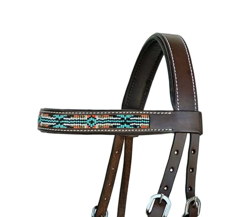 Horse Western English Leather Bitless Sidepull Bridle w/ Split Reins 77RS10 - color: Brown/Beaded
