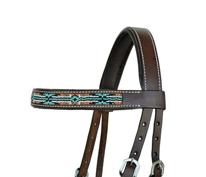 Horse Western English Leather Bitless Sidepull Bridle w/ Split Reins 77RS10 - color: Brown/Beaded