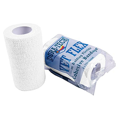 Dura-Tech Vet Flex White Bandage First Aid Wrap | for Horses, Dogs and Others | Self-Adhesive Cohesive Tape | 4” Wide and 5 Yards of Length | Package of 18 Rolls