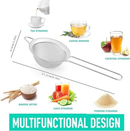 Fine Mesh Strainers for Kitchen, COKUMA Stainless Steel Metal Hand Small Mini Sieve Strainer, Cocktail Strainer Tea Coffee Juice Strainer，Food Strainer with Handlle (3.35inch, Silver)