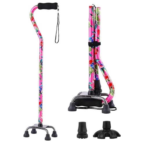 Floral Quad Cane for Women, Adjustable Walking Canes with 3-in-1 Interchangeable Base(3 Tips) for Versatile Support, Stylish & Stable Mobility Aid for Seniors Confidence - color: Powder flower