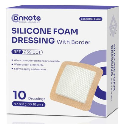 Conkote Silicone Foam Dressings with Border High Absorbency 4"x4", 10 Pack | Waterproof Wound Bandages for Pressure Ulcers, Diabetic Ulcers & Surgical Wounds - size: 4'' x 4''with border (10 Dressings)