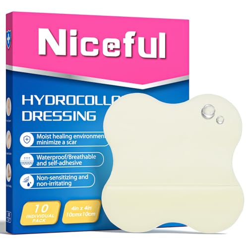 Niceful Hydrocolloid Bandages 4"x4" for Knee, Elbow, 10 Count | Waterproof, Advanced Healing, Extra Thin, Hydrocolloid Dressing Patches, Designed to Fit Joints, for Wounds - size: 4" x 4" (10 Dressings)