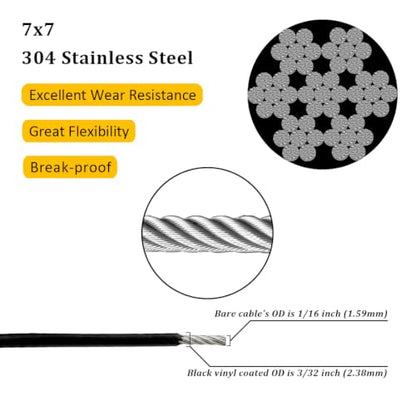 Vinyl Coated Wire Rope 304 Stainless Steel Coated Wire Cable-Black, 1/16" OD to 3/32" x700FT, with 250 Pcs Crimping Sleeves-Cable for String Lights, Suitable for Clotheslines - size: 700FT