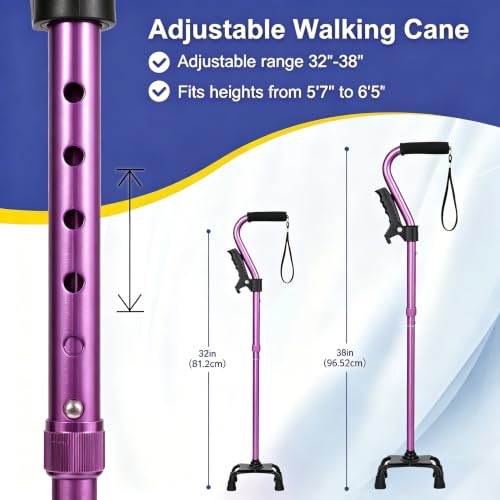 Stand Secure Cane with Stand Up Assist Handle for Elderly, 4 Prong Adjustable Walking Canes for Seniors Women and Men, Non-Slip Wide Base, Aluminum Foldable Stand Cane - color: Light Purple