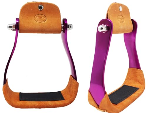 CHALLENGER Horse 4-3/4" Western Saddle Barrel Racing Lightweight Aluminium Stirrups 5181 - color: Pink Tan Leather Tread