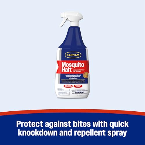 Farnam Mosquito Halt Repellent Spray for Horses, 32 oz | Bug repellent spray kills and repels; Also repels face flies, stable flies, house flies, gnats, mites, chiggers and lice - size: 32 Fl Oz (Pack of 1)