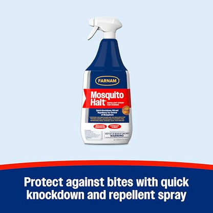 Farnam Mosquito Halt Repellent Spray for Horses, 32 oz | Bug repellent spray kills and repels; Also repels face flies, stable flies, house flies, gnats, mites, chiggers and lice - size: 32 Fl Oz (Pack of 1)