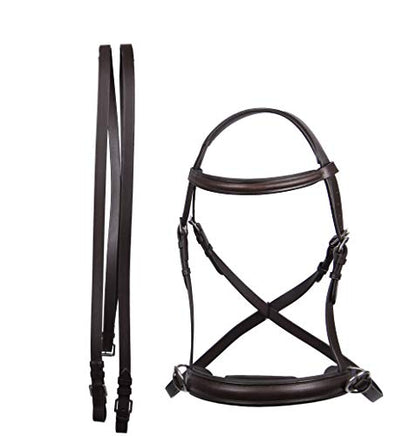 Hulara Genuine English Leather Crossover | Crossunder Bitless Horse Bridle Headstall with Reins - color: Brown, size: Pony