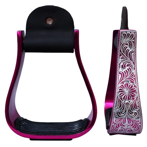 HILASON Western Aluminum Horse Riding Stirrups – Engraved Floral Design with Rubber Tread - color: Pink