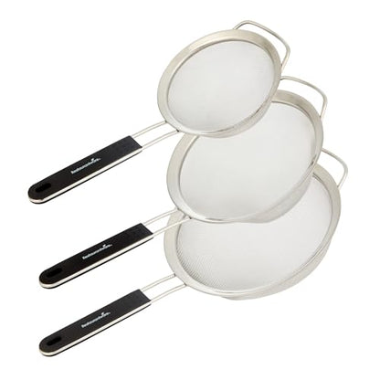 Restaurantware Fine Mesh Strainer Set of 3 Different Sizes with Silicone Handle Stainless Steel Extra Fine Mesh Strainer Heat-Resistant Handle Dishwasher-Safe for Rice, Quinoa, Pasta - size: Standard, Extra Fine Mesh-3-Piece Set